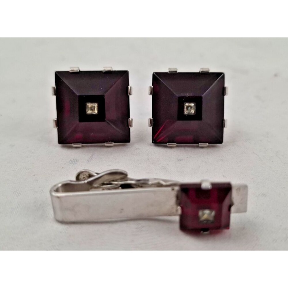 Vintage SWANK Red Rhinestone & Silver Tone Cuff Links and Tie Clip Set-NICE!